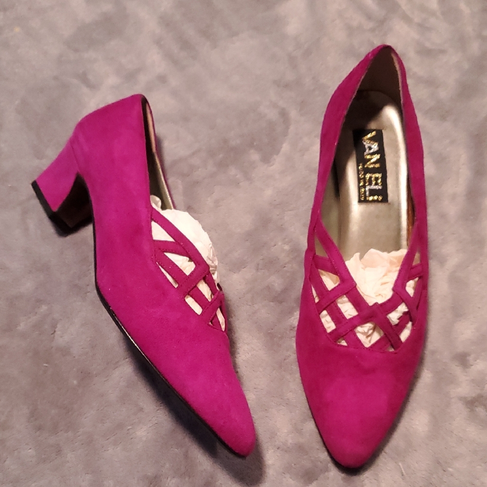 Vaneli Fuchsia Suede Strappy Block Heel Pumps